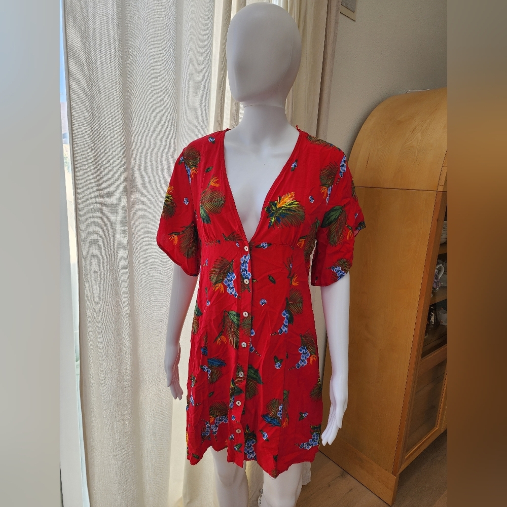 Red Floral Button-Down Dress